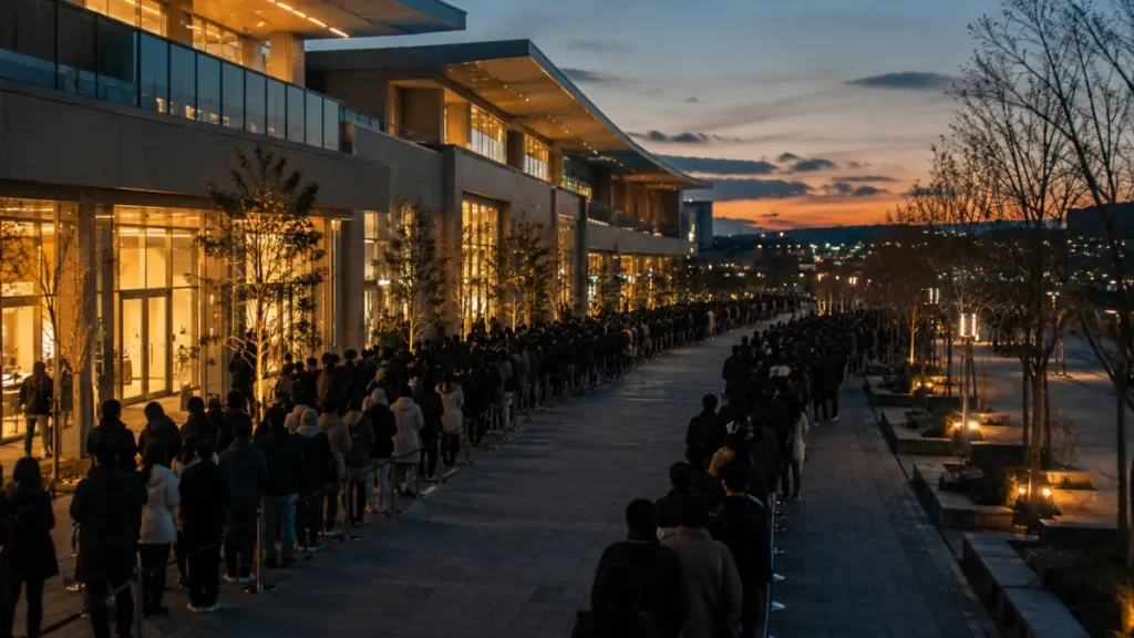 A long queue of shoppers waiting outside a mall at dusk, illustrating the scale of the Chiikawa merchandise launches across Asia