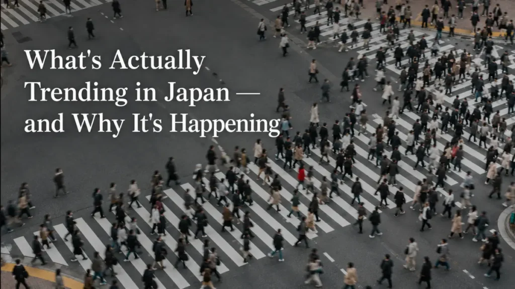 A busy Japanese pedestrian crossing seen from above, introducing a series on current trends in Japan and their causes