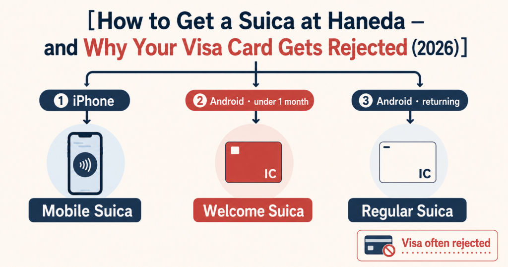 Decision chart titled "Which Suica Should You Get?" showing three paths — iPhone users to Mobile Suica, short-stay Android users to Welcome Suica, and returning Android users to Regular Suica — with a note that foreign Visa cards are often rejected for top-ups.