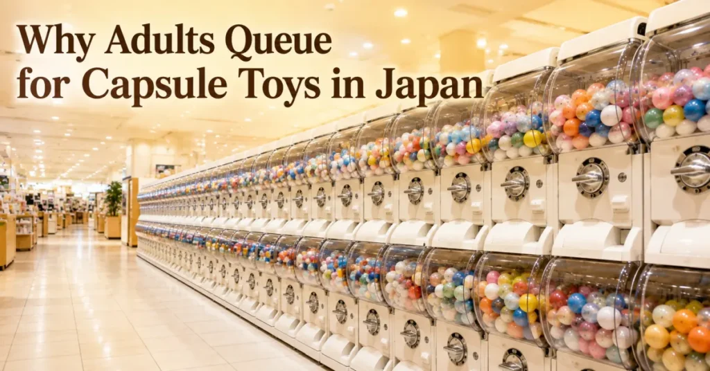 Rows of capsule toy vending machines lined up in a Japanese
department store