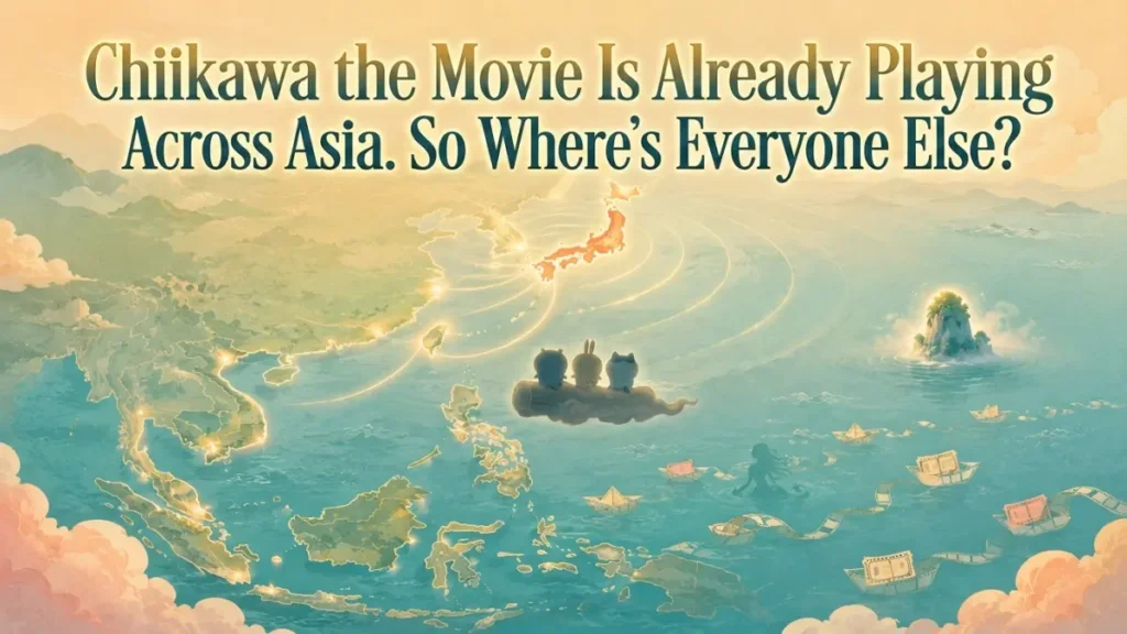 Stylized pastel map of Asia showing a wave of light spreading from Japan toward Taiwan, Hong Kong and Korea, with a misty island in the sea