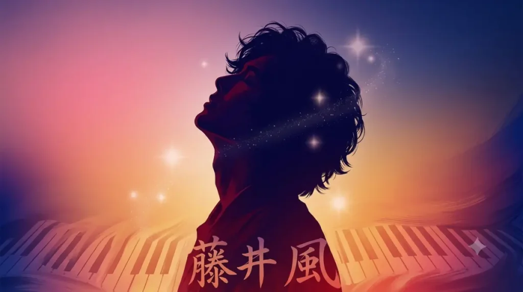 An artistic silhouette profile of a male artist with wavy, dark hair looking upward against a vibrant gradient background of warm orange, pink, and deep purple hues. Glowing stardust and soft lens flares float around his silhouette, while flowing piano keys curve across the bottom foreground. Subtle Japanese kanji typography reading "藤井 風" is embedded on the artist's chest.
