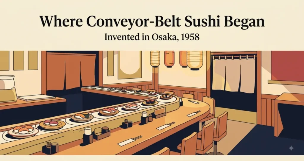 Illustration of a retro Showa-era sushi shop with plates of nigiri on a conveyor belt curving along a wooden counter, evoking the birthplace of conveyor-belt sushi in Osaka