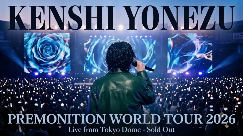 Japanese male singer Kenshi Yonezu performing live on stage at a packed arena concert.