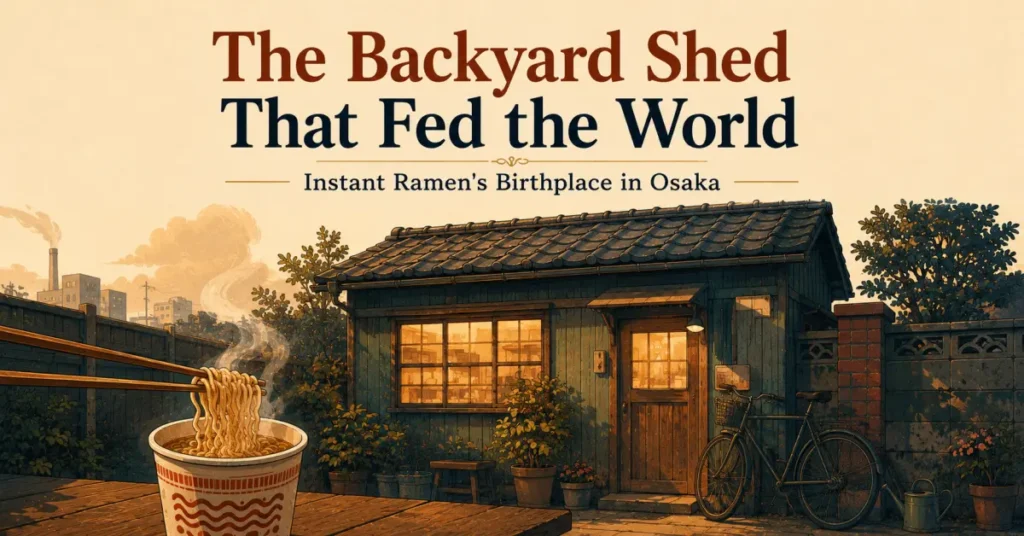 Illustration of a vintage 1950s Japanese backyard shed where instant ramen was invented, with a steaming cup of noodles and chopsticks in the foreground