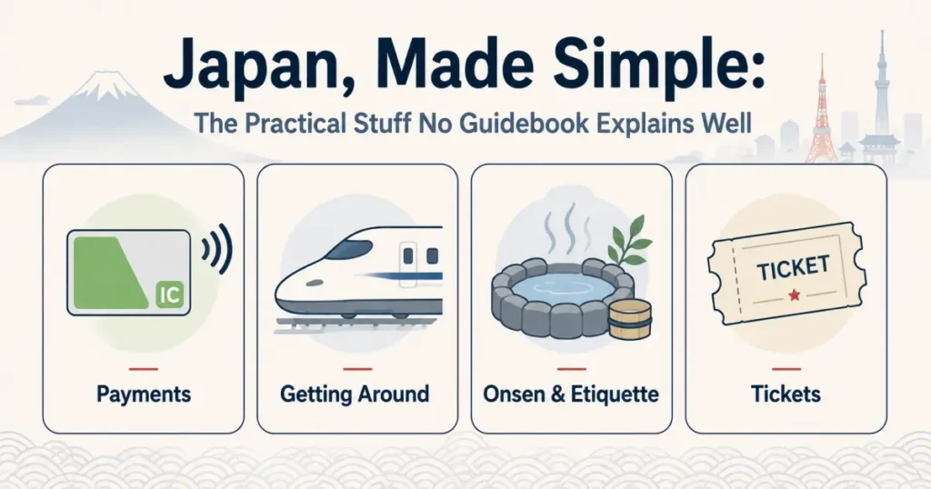 Header for "Japan, Made Simple" showing four theme tiles — payments, getting around, onsen and etiquette, and tickets — arranged like a directory, introducing a local's practical guides for visiting Japan.