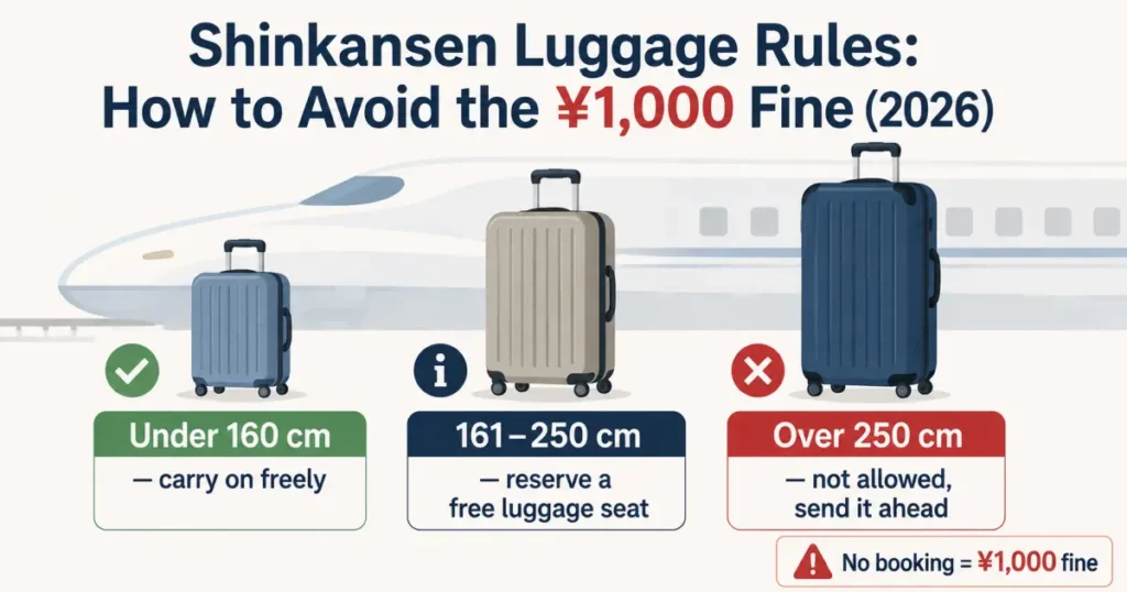 Size decision chart titled "Can Your Suitcase Board the Shinkansen?" showing three suitcase sizes — under 160cm carries on freely, 161 to 250cm needs a free reserved luggage seat, and over 250cm is not allowed — with a note that boarding without a booking risks a 1,000 yen fine.