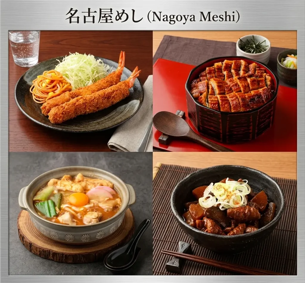 A collage of Nagoya-meshi dishes — miso-katsu, hitsumabushi eel, tebasaki chicken wings, and doteni miso stew
