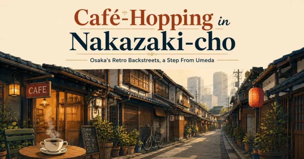 Illustration of a narrow prewar back-alley in Nakazaki-cho, Osaka, with wooden row houses, a small retro cafe with a glowing window, and a steaming coffee cup in the foreground