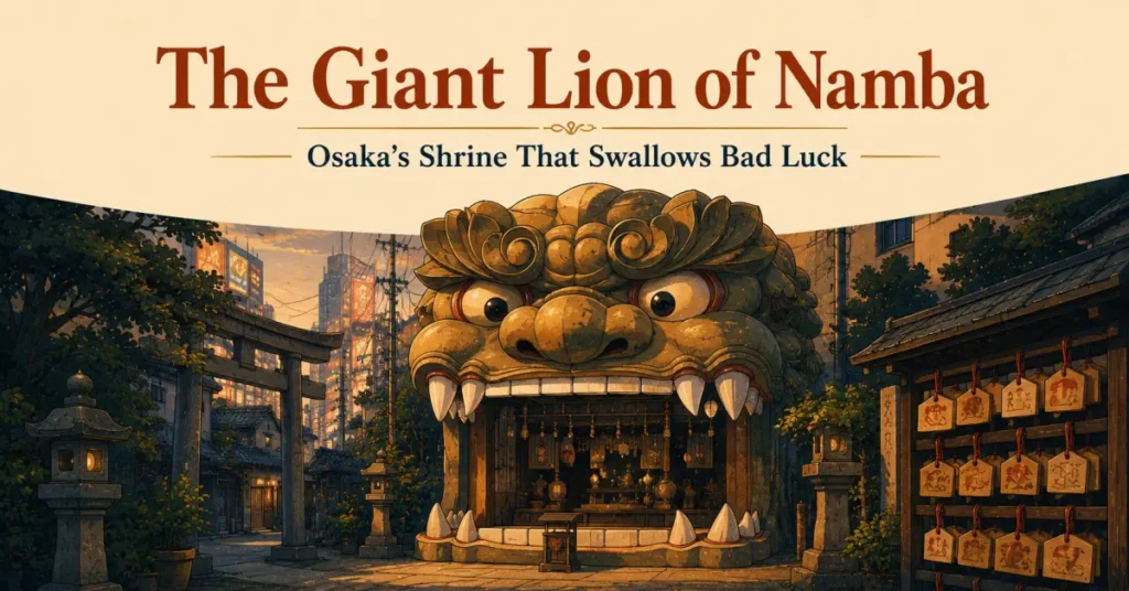 Illustration of the giant lion-head shrine stage at Namba Yasaka Shrine in Osaka, with its jaws wide open, a torii gate, and stone lanterns