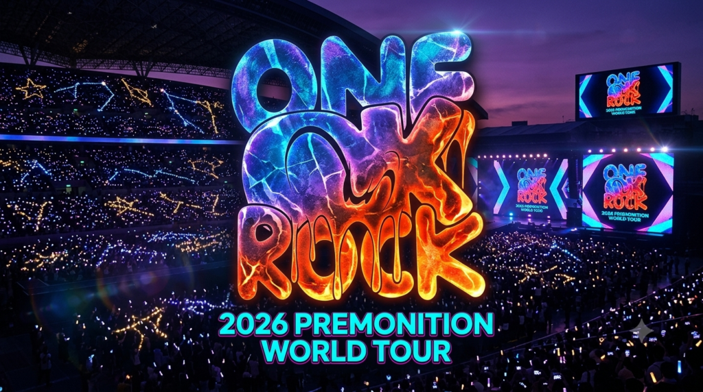 A stadium full of lights spelling out "ONE OK ROCK" and other messages.