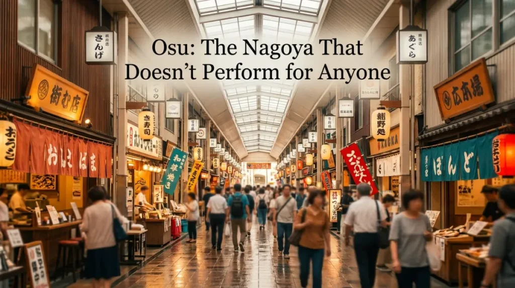 A lively covered shopping arcade in Osu, Nagoya, lined with shops and street-food stalls