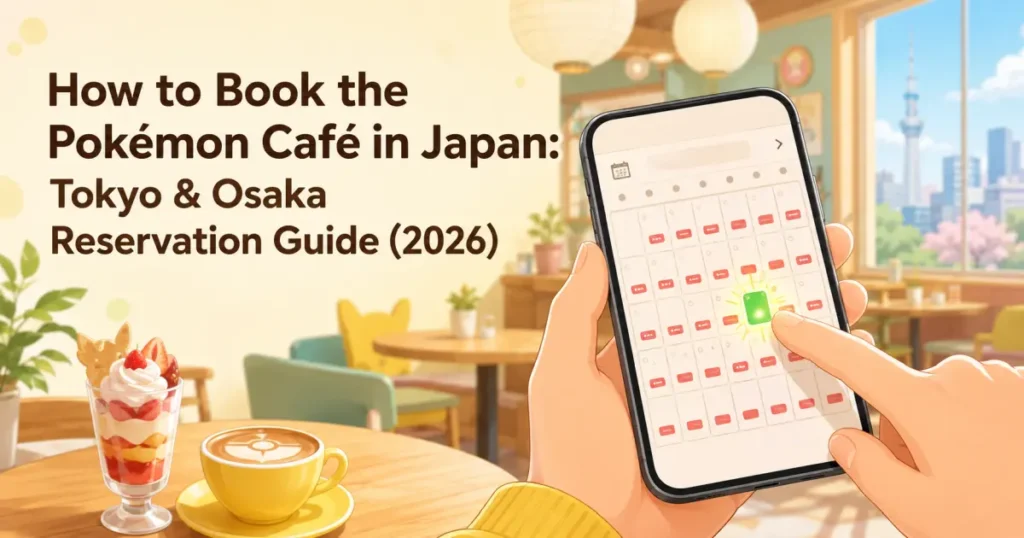 Hands holding a smartphone showing a café reservation calendar with most dates marked full and one open slot, set against a warm Japanese theme-café interior