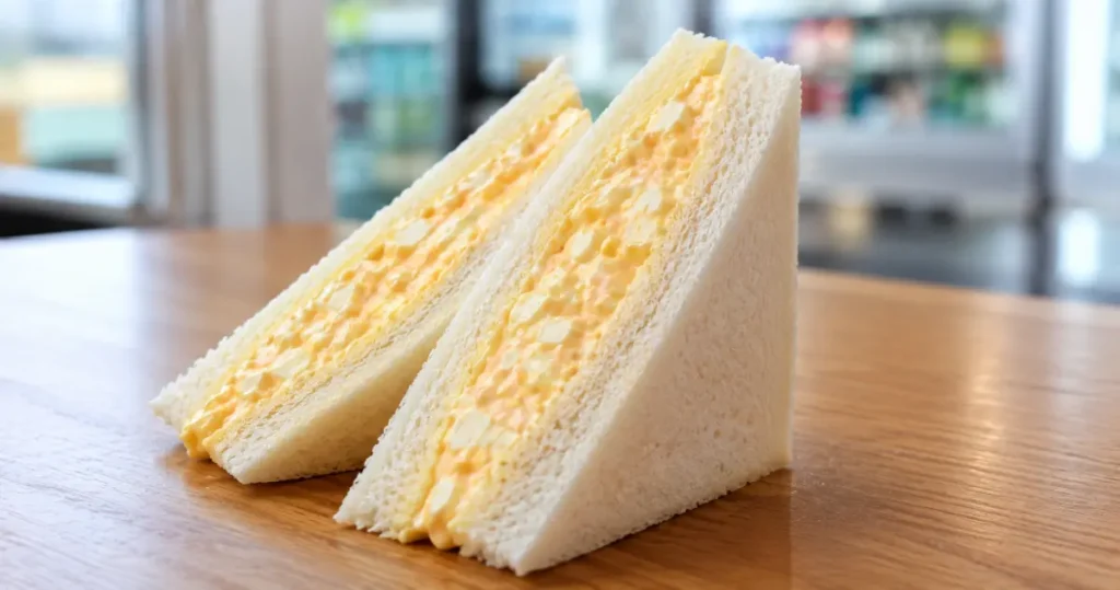 A Japanese convenience store egg sandwich cut in half, showing the
thick pale egg filling between soft crustless bread