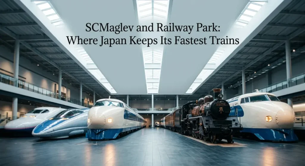 Rows of full-size Shinkansen bullet trains on display in a large railway museum hall in Nagoya