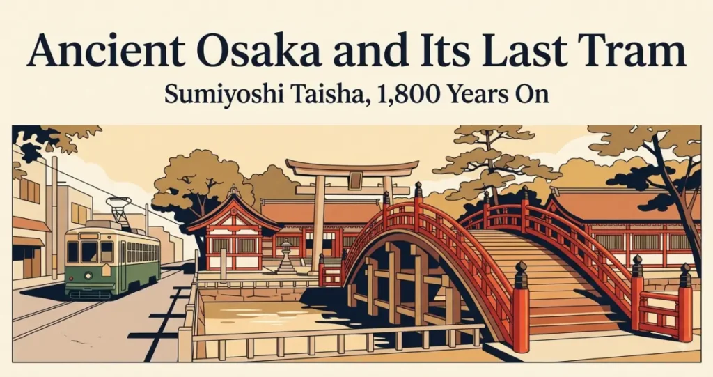 Illustration of the steep vermilion drum bridge at Sumiyoshi Taisha in Osaka, with an ancient shrine gate and a small retro tram passing nearby