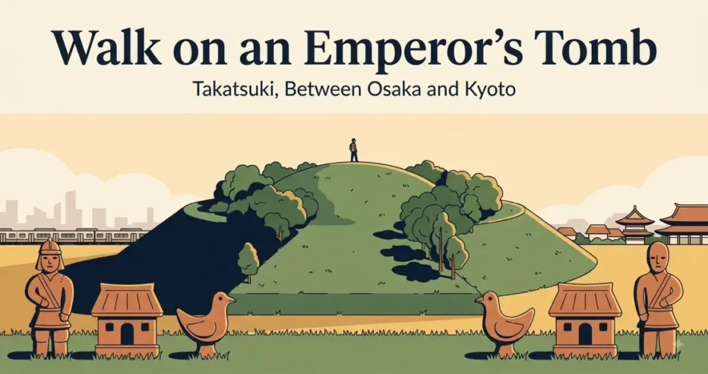 Illustration of a green keyhole-shaped ancient burial mound in Takatsuki with a person standing on top and a row of clay haniwa figures, between Osaka and Kyoto