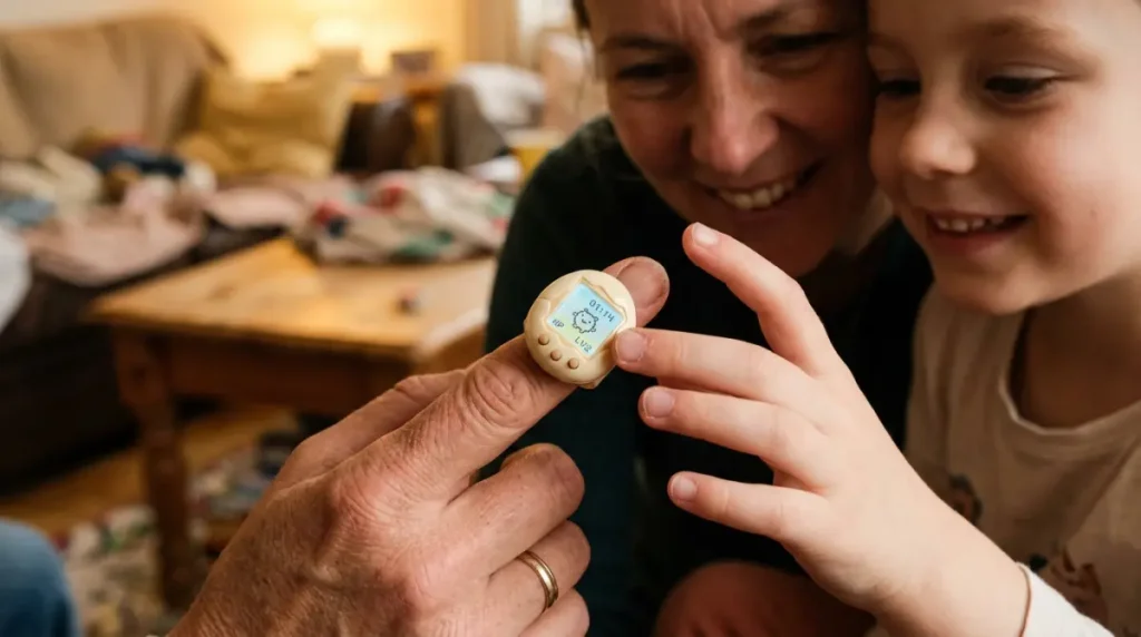 A young woman shows off a tiny ring-shaped Tamagotchi glowing on her fingertip