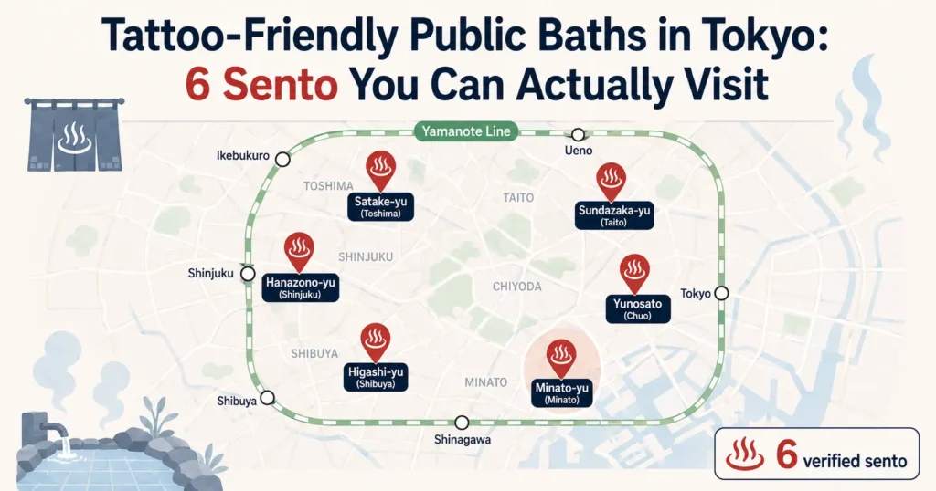 Map-style header titled "Tattoo-Friendly Public Baths in Tokyo" showing a simplified central Tokyo map with the Yamanote Line loop and six hot-spring pins marking tattoo-friendly sento across different wards.