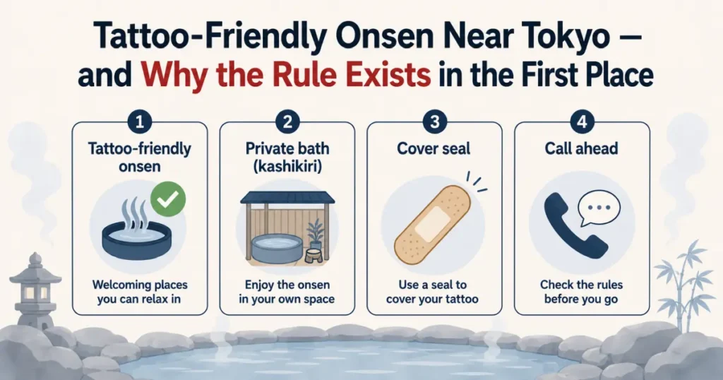 Decision chart titled "Have a Tattoo? How to Enjoy an Onsen" showing four options for tattooed visitors near Tokyo — choosing a tattoo-friendly onsen, booking a private kashikiri bath, using a cover seal, or calling ahead to check the policy — over a calm hot-spring background.