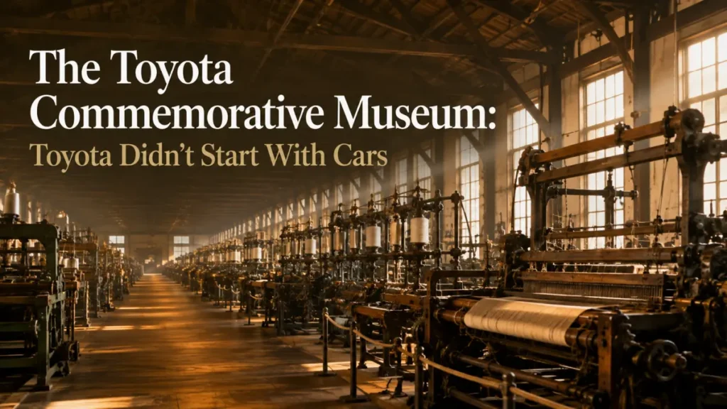 Rows of historic weaving looms in the Textile Machinery Pavilion of the Toyota Commemorative Museum