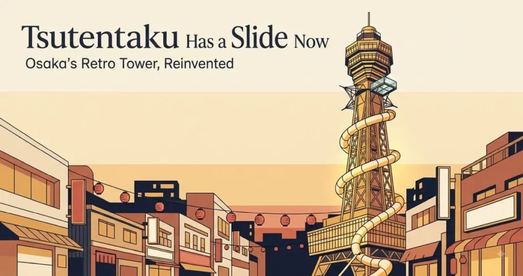 Illustration of a retro Osaka observation tower with a spiral slide wrapping down its side and a glass-floor deck, above a lantern-lit Shinsekai-style district