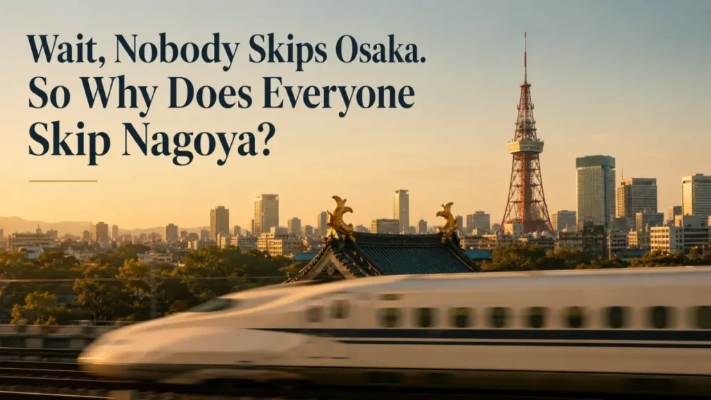 A white bullet train speeding past the Nagoya skyline at golden hour — the Japanese city travelers skip between Osaka and Tokyo