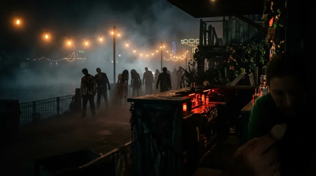 A foggy, dimly lit Halloween night scene with zombie silhouettes near a theme-park bar counter